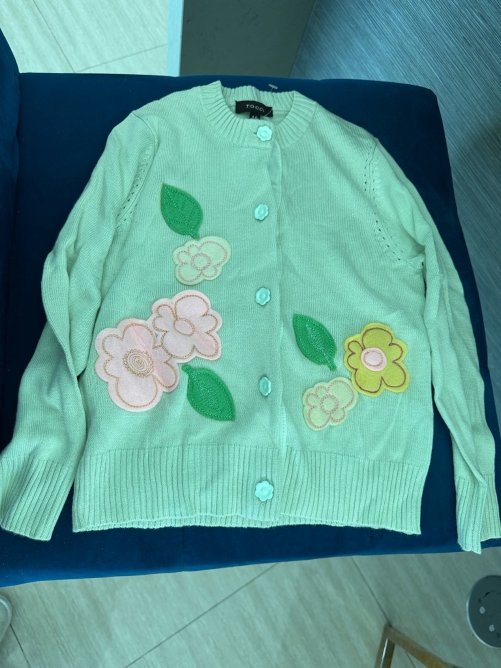 Mint Floral Appliqué Cardigan for Kids